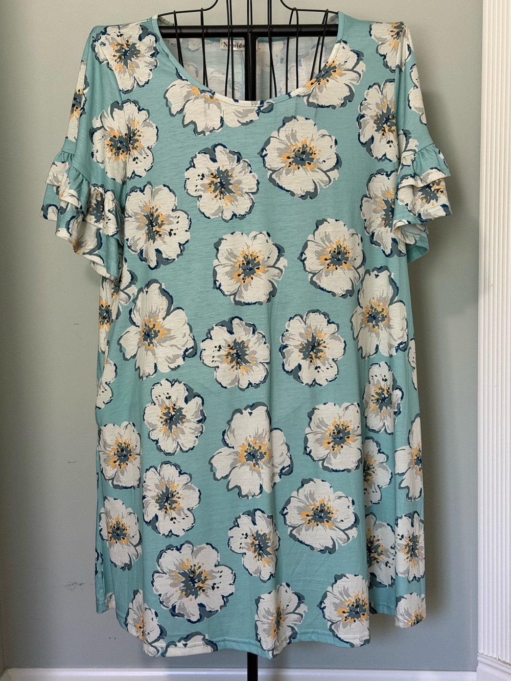 Women’s Floral Ruffle Sleeve Shift Dress, Mint Teal size 20